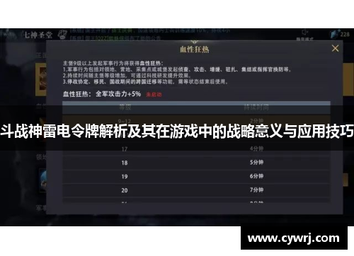 斗战神雷电令牌解析及其在游戏中的战略意义与应用技巧